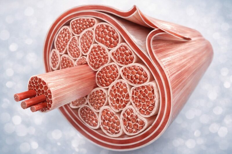 Coupe transversale d’un faisceau musculaire entouré de tissus conjonctifs