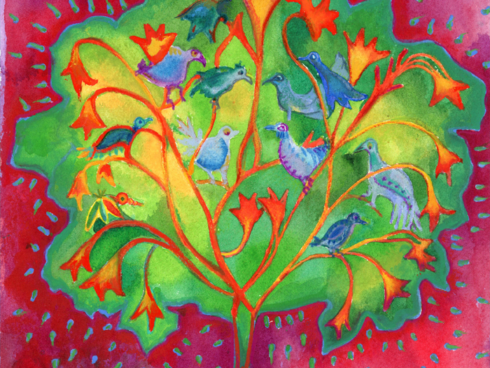 Dessin d'un arbre de vie vert sur fond rosé avec des oiseaux posés harmonieusement sur ses branches