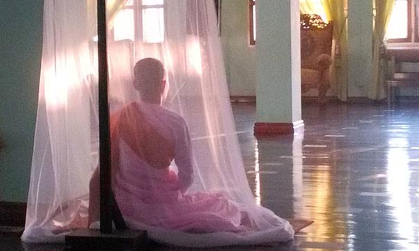 Une personne médite sous une moustiquaire comme un cocon de tulle dans la salle de méditation du monastère birman