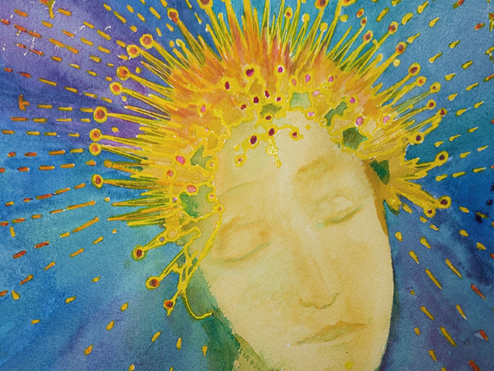 Illustration de la perception du sacré par un visage aux yeux fermés et un rayonnement jaune soleil