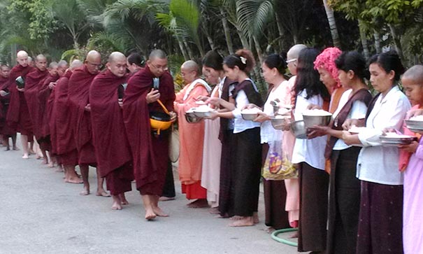 Les moines recevant le riz donné par les villageois dans le monastère Shwe Ooh Min en Birmanie