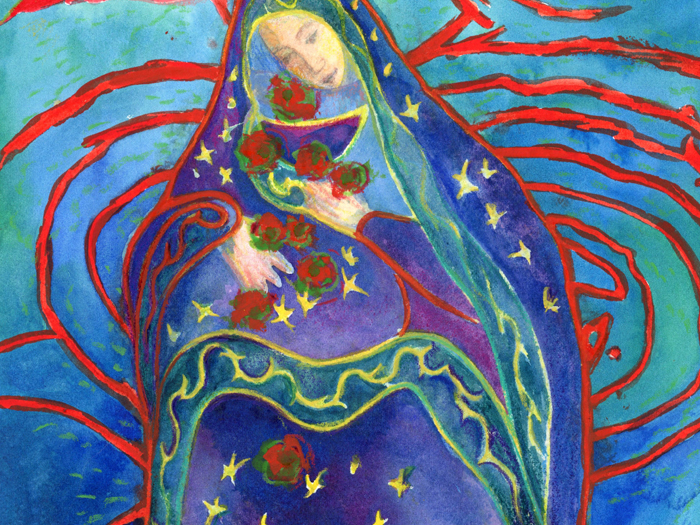 Illustration d'une femme en habits bleus récoltant des fruits