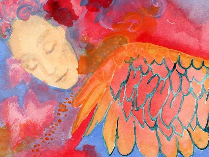 Illustration du sommeil par un visage aux yeux clos et de grandes ailes sur un fond flou et vaporeux